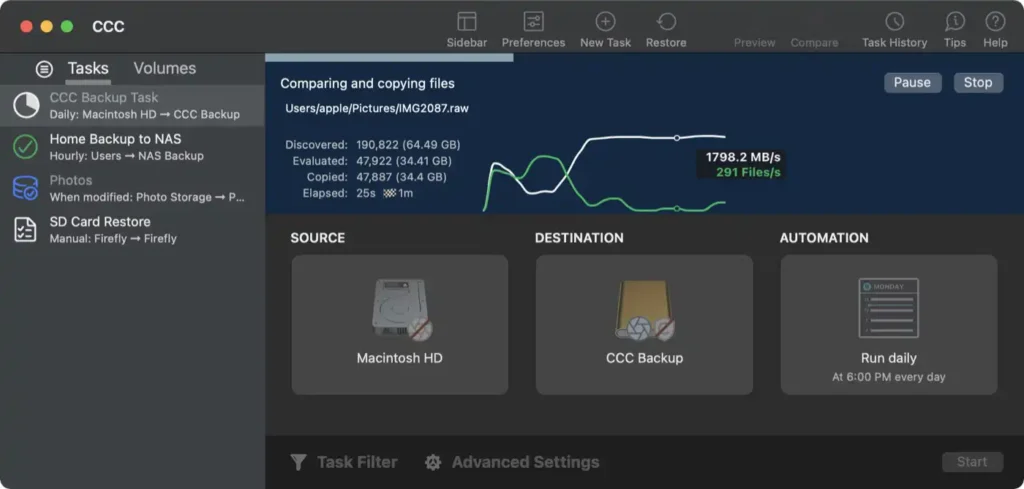 A fazer backup de ficheiros na aplicação Carbon Copy Cloner