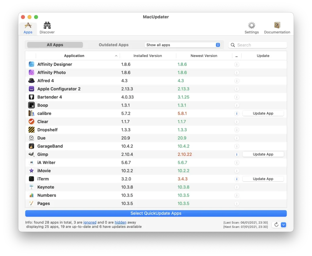 A visualizar as actualizações disponíveis de aplicações na app MacUpdater