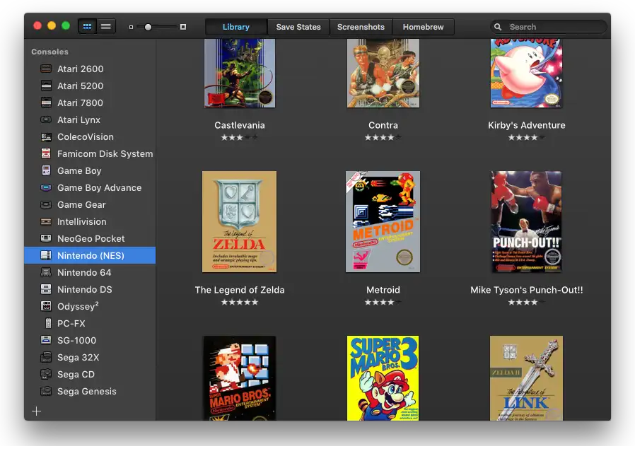 Emulador de videojogos de consolas dos anos 80, 90 e 2000: Atari 2600, Atari 5200, Atari 7800, Atari Lynx, ColecoVision, Famicom Disk System, Game Boy / Game Boy Color, Game Boy Advance, Game Gear, Intellivision, NeoGeo Pocket, Nintendo (NES) / Famicom, Nintendo 64, Nintendo DS, Nintendo GameCube, Odyssey²/Videopac+, PC-FX, SG-1000, Sega 32X, Sega CD / Mega CD, Sega Genesis / Mega Drive, Sega Master System, Sega Saturn, Sony PlayStation, Sony PSP, Super Nintendo (SNES), TurboGrafx-16/PC Engine/SuperGrafx, TurboGrafx-CD/PC Engine CD, Vectrex, Virtual Boy, WonderSwan