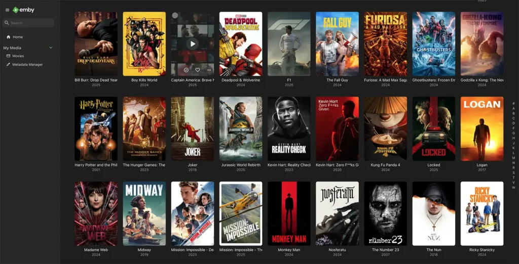 A visualizar a aplicação Emby que mostra a biblioteca de Filmes