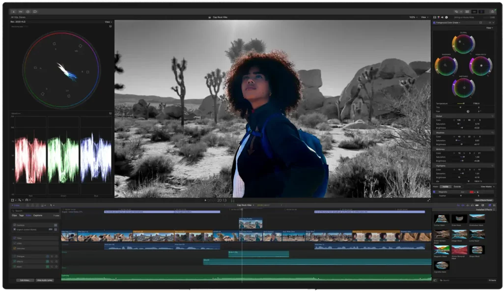 Visualização da aplicação de edição de vídeo Final Cut Pro